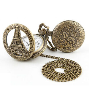 ساعة جيب كلاسيكية "أنتيك" بتصميم برج إيفل (باريس) - لون برونزي عتيق مع سلسلة طويلة
